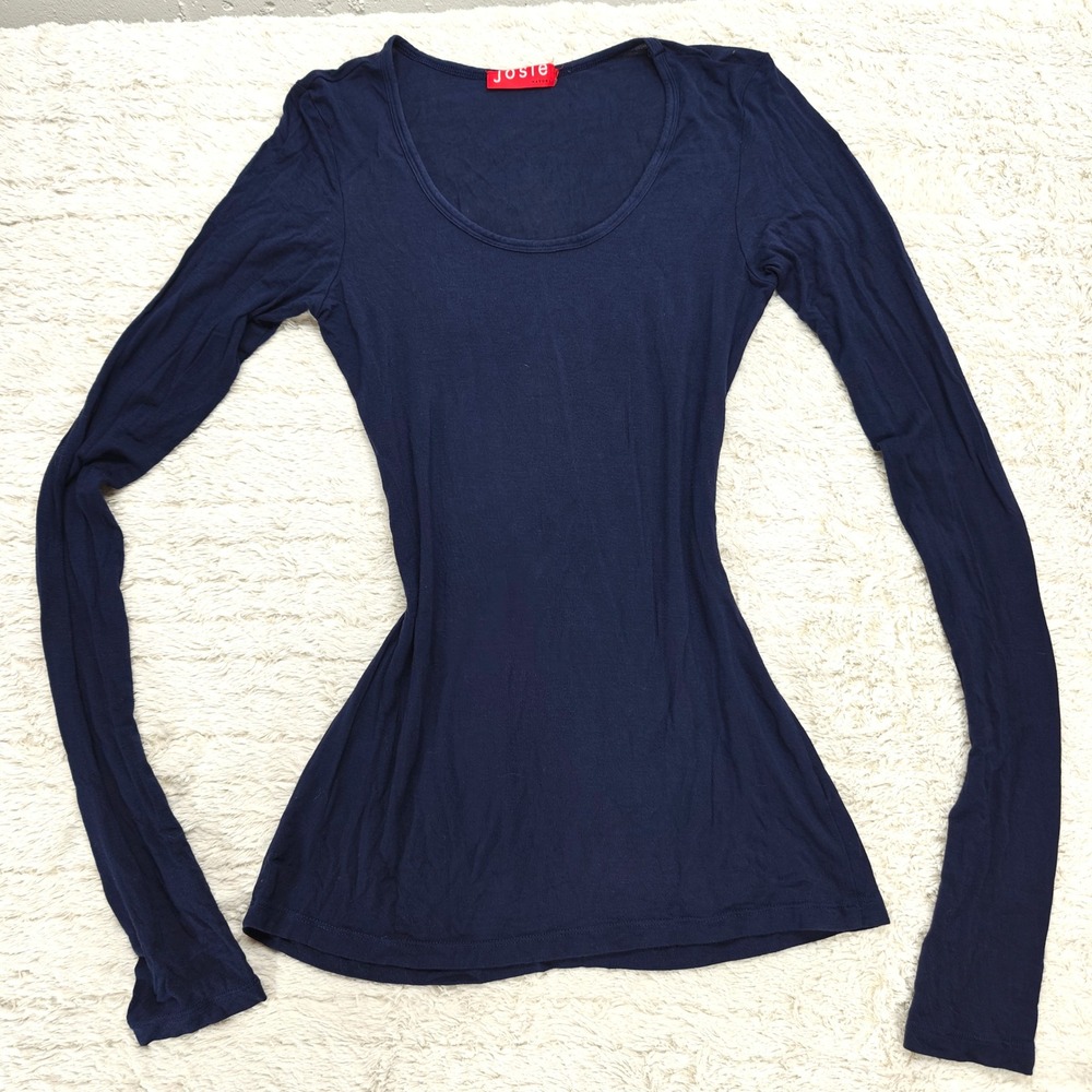 Josie Natori Navy Long Sleeve T Shirt Womens XS Casual Basic Preppy Downtown